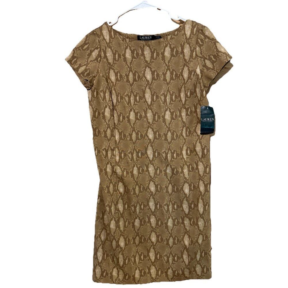 NWT Lauren Ralph Lauren Womens M Dress Tan Animal Snakeskin Print Sheath $135